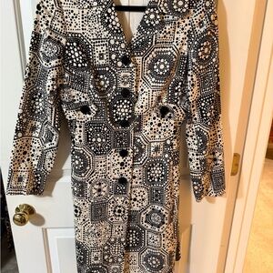 Trina Turk Geometric Black and Cream Long Sleeve Coat